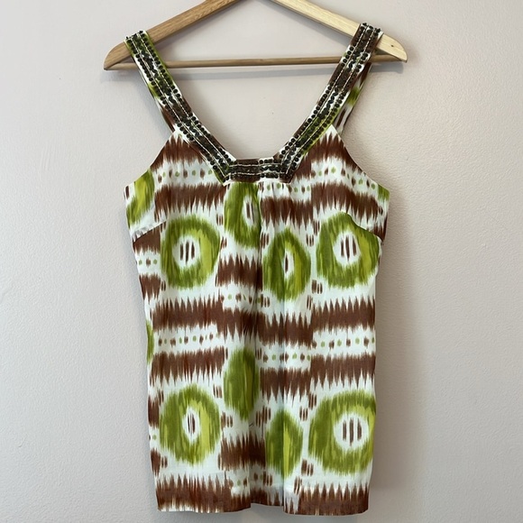 Trina Turk Beaded Ikat Print Tank Top Cotton Resort Luxury Boho Glam Green Small - Picture 1 of 9